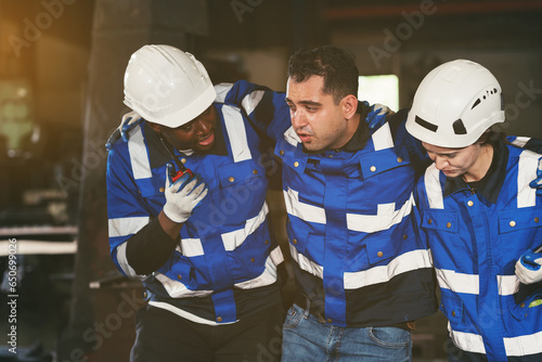 Chemical leak and safety first concept. Assistant first aid male worker accident in industry factory photo