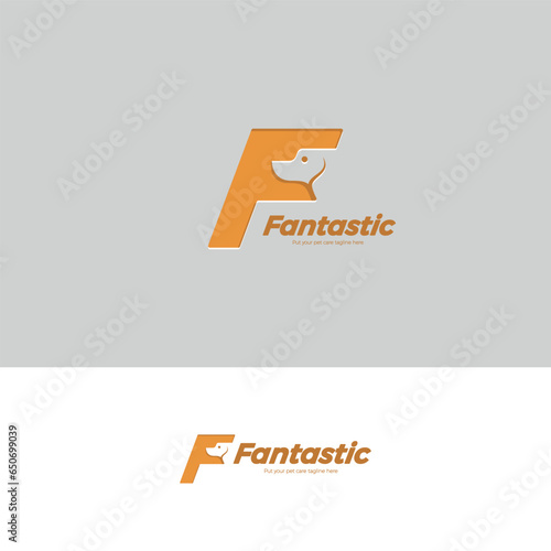 Negative Space of F Letter and Dog for Pet Care Logo