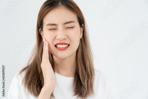 Canvas Print Asian woman feel toothache from gingivitis, female suffer tooth, decay problems, dental care