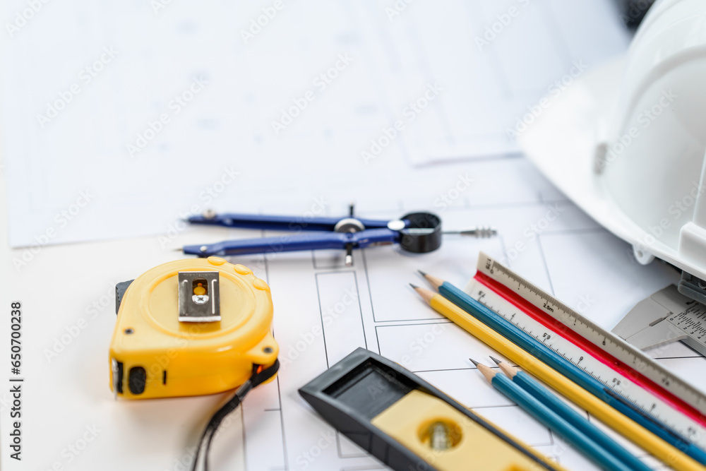 Engineering tools on technical drawing, engineer drawing plan blueprint desk workspace, nobody Engineering tools on technical drawing, engineer drawing plan blueprint desk workspace, nobody