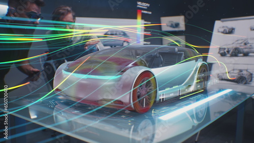 Two automotive engineers check aerodynamics of new electric car using futuristic augmented reality holographic automobile prototype. 3D computer graphics of vehicle high-tech developing and testing. photo