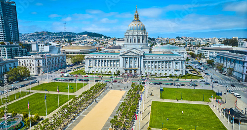 City hall with Civic Center Plaza aerial view on bright summer day with blue sky and clouds