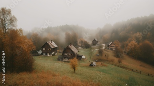 Cozy village over the hill in fall foggy weather 
