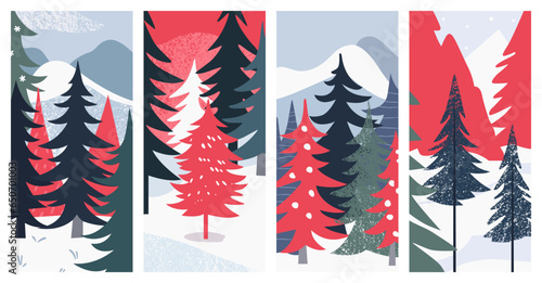 Set of christmas pine tree landscape banner collection. Vintage xmas flat art style backgrounds, winter season travel scenery. Holiday greeting card bundle, festive invitation template.