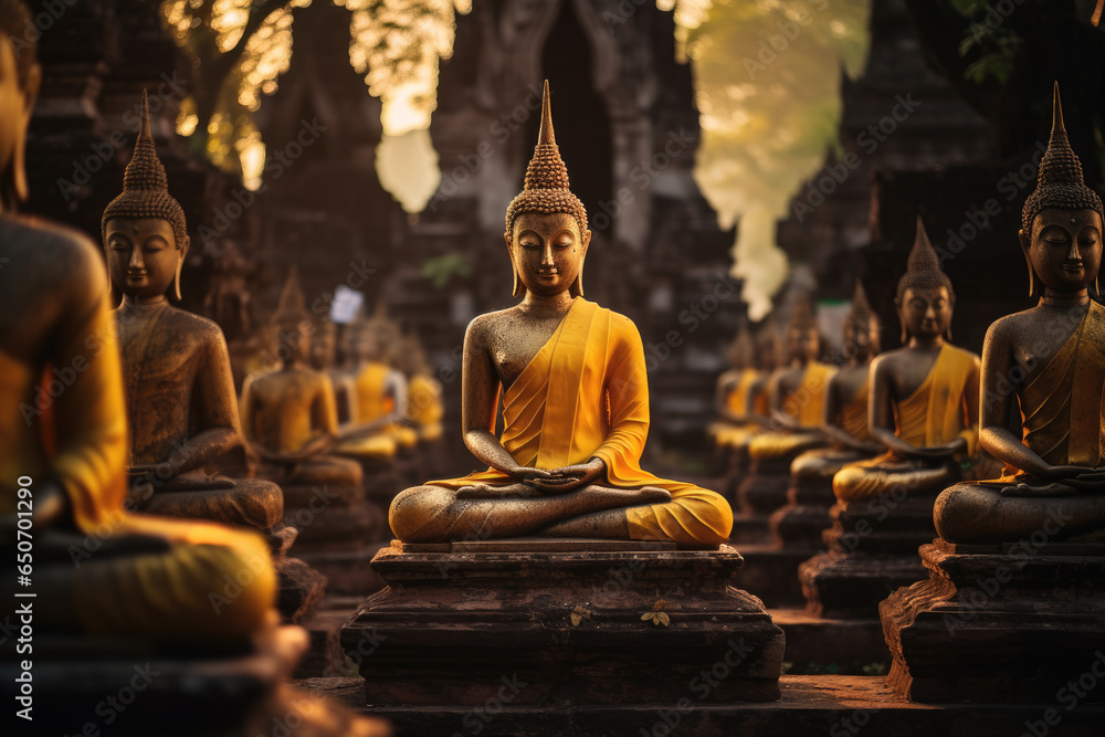 A row of golden buddhist statues, traditional buddhist architecture, ai generated.
A row of golden buddhist statues, traditional buddhist architecture, ai generated.