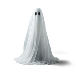 standing halloween ghost in a white sheet, png file of isolated cutout object with shadow on transparent background.