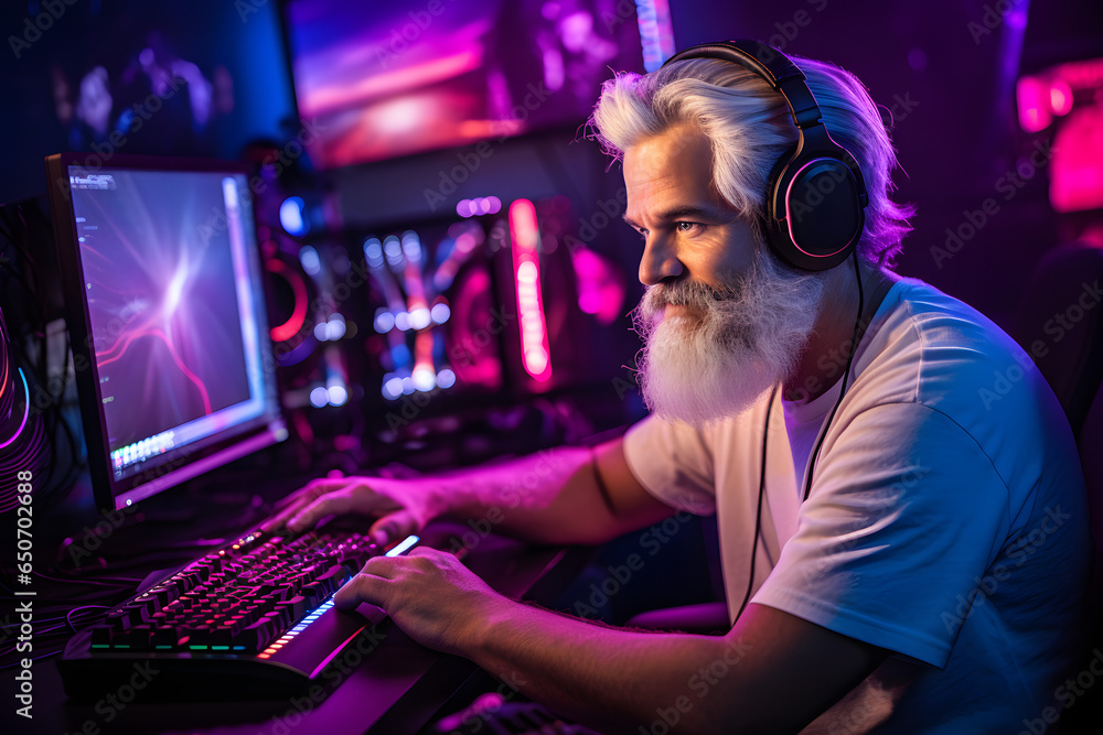 Old gamer in front of a computer, illustration for streaming and gaming - obrazy, fototapety, plakaty 
