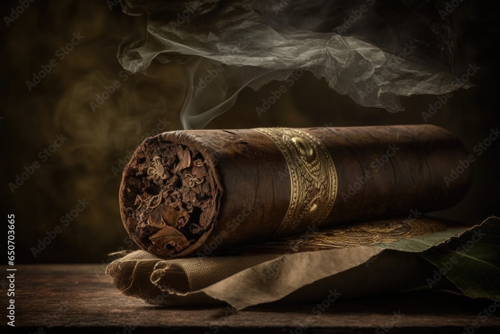 Cigar with smoke on wooden table, still life style