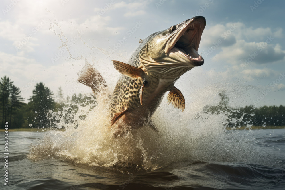 A pike jumps out of the water. Predatory fish on a lake or river. - obrazy, fototapety, plakaty 