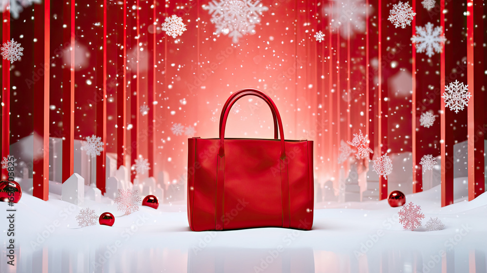 Red women's handbag in a snowy New Year's installation. Blank space for product placement or promotional text for winter sales. - obrazy, fototapety, plakaty 