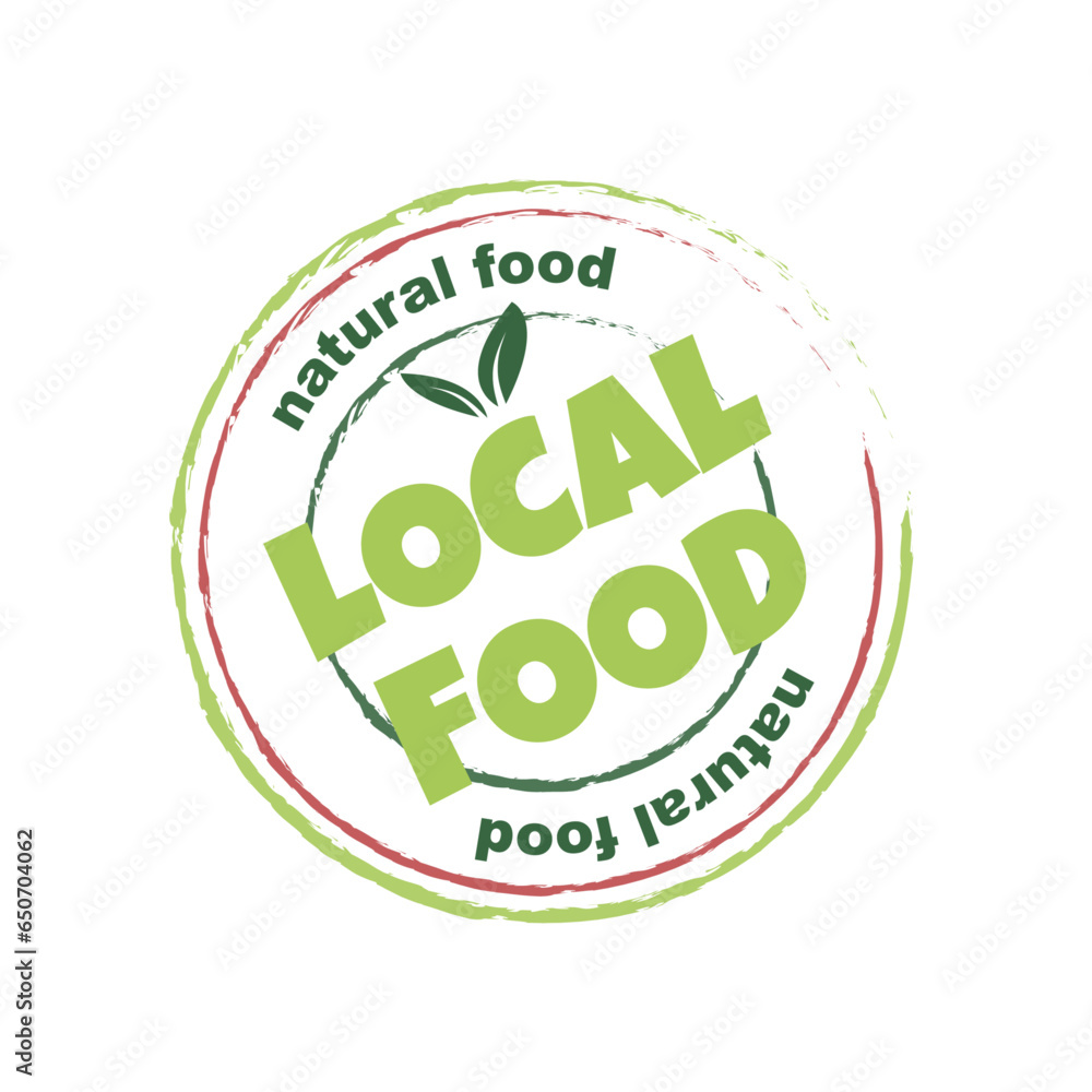 Local, homemade, eco, bio, organic and natural products sticker, label, badge and logo.
Logo template with green leaves for local food products. Vector illustration