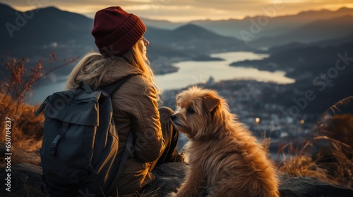 Sea and mountain view background. beautiful tourist woman. she's traveling with dog. she's holding a dog at view point at mountain. © loran4a