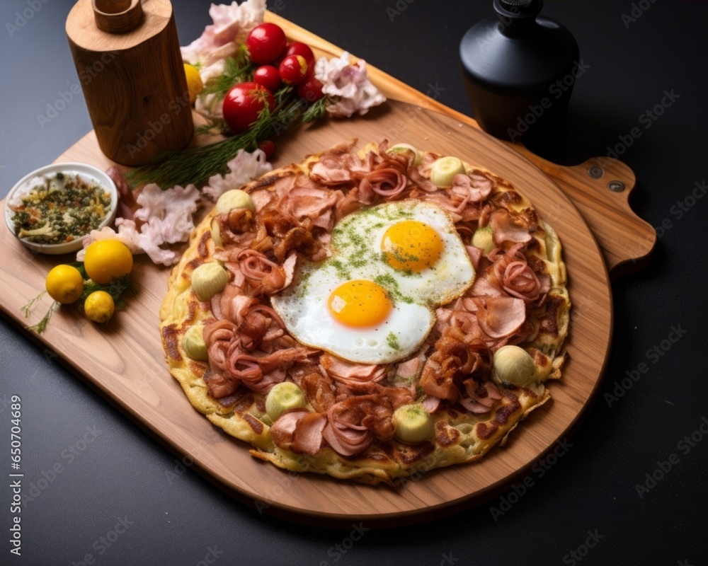 Hiroshima-style Okonomiyaki set on a traditional wooden table, surrounded by ingredients it is made from like cabbage, noodles, and eggs Hiroshima-style Okonomiyaki set on a traditional wooden table, surrounded by ingredients it is made from like cabbage, noodles, and eggs