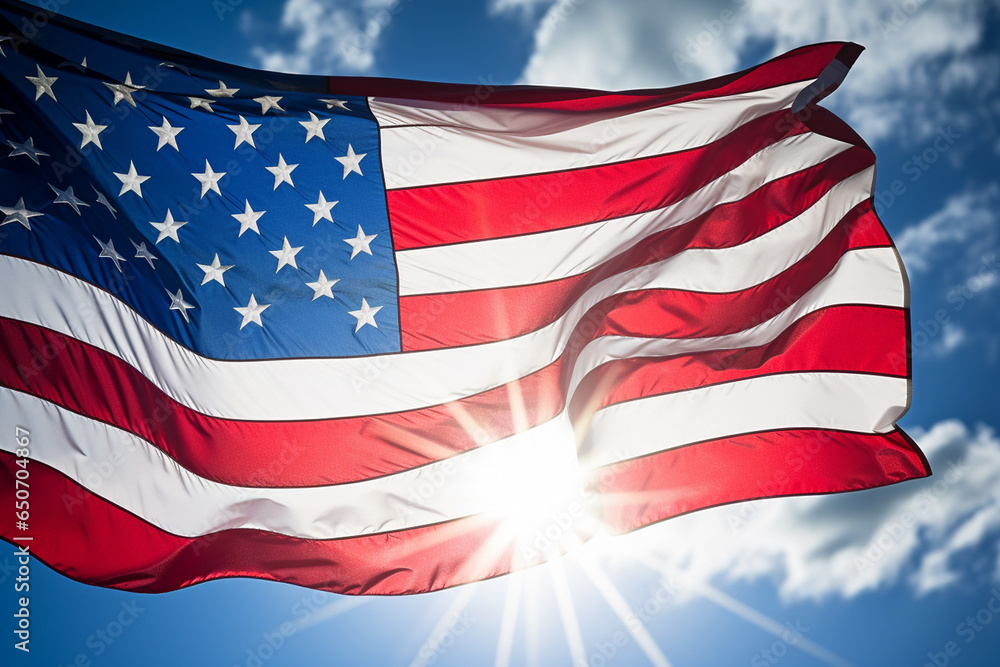 Obraz premium A close-up of the American flag against a brilliant blue sky