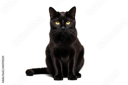 sitting black cat, png file of isolated cutout object with shadow on transparent background.