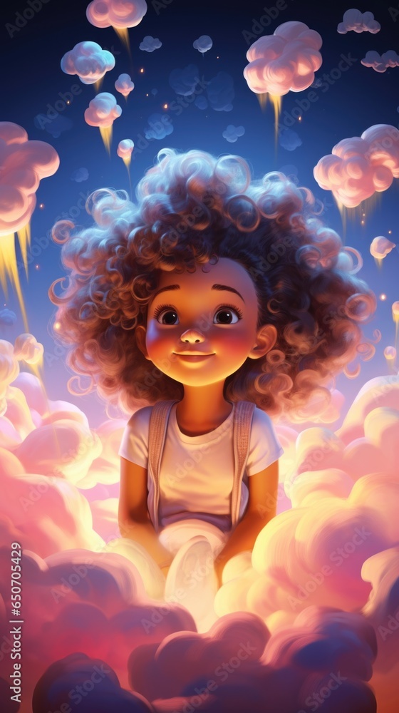 Fototapeta premium A young girl sitting on a cloud in the sky