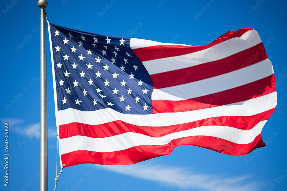 Obraz premium The American flag waving proudly against a clear blue sky