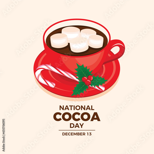 National Cocoa Day vector illustration. Cup of hot chocolate icon vector. Christmas cocoa drink with marshmallow drawing. Red mug of hot chocolate and candy cane vector. December 13 every year