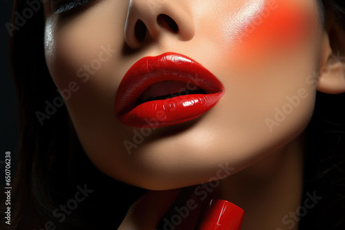 beauty woman applying lipstick, ai generated.
