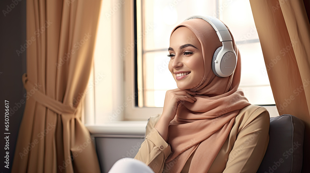 Young smiling arabian asian muslim woman in abaya hijab headphones ...