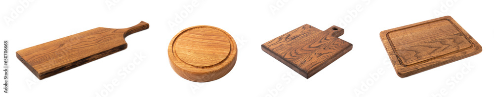 Wooden cutting board isolated on white background. Set of cutting boards in collage. Wooden kitchen board. Design.MOCKUP. Kitchenware. Wooden cutting board isolated on white background. Set of cutting boards in collage. Wooden kitchen board. Design.MOCKUP. Kitchenware.