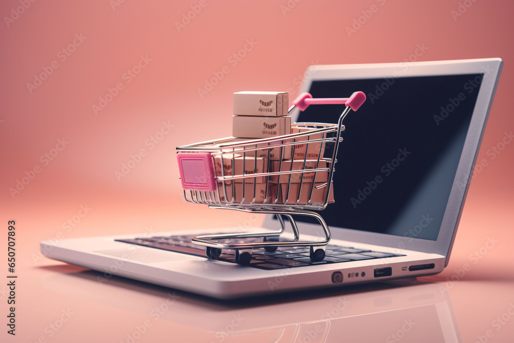 Online Shopping Concept with Shopping Cart, Laptop Computer, Packaging Box, and E-commerce