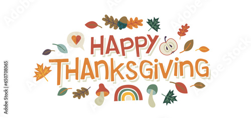 Lettering on Thanksgiving and fall vibes. Two lines. Flat design. Vector illustration on a white background.