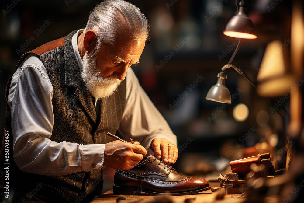 Naklejka premium An elderly shoemaker at work in a workshop