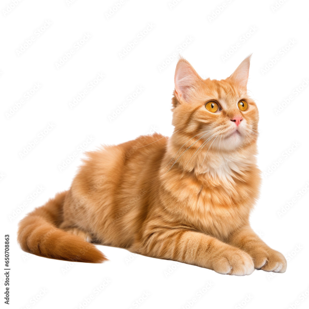 Beautiful ginger cat lying down, side view isolated on white background