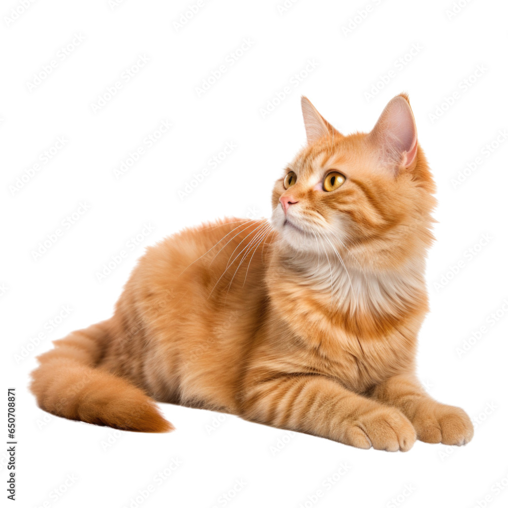 Beautiful ginger cat lying down and looking side view isolated on white background