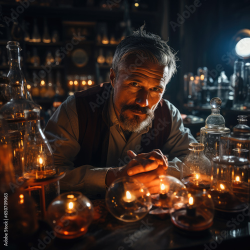 A scientist engrossed in a laboratory experiment, surrounded by beakers and equipmen, ai generated.