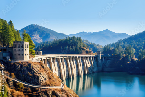 Panoramic view of Dam at reservoir with flowing water. Hydroelectricity power station on beautiful landscape background with mountains, lake and forest. Copy space photo
