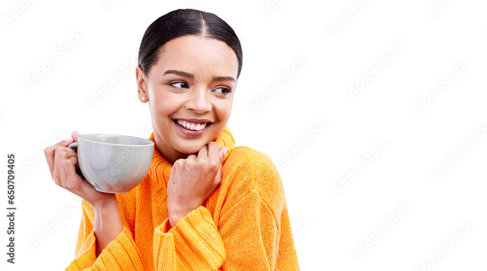 Coffee, cup and person happy, thinking and smile for morning latte, hot chocolate or warm beverage. Brainstorming promo, relax or commercial woman with tea mug isolated on transparent, png background Coffee, cup and person happy, thinking and smile for morning latte, hot chocolate or warm beverage. Brainstorming promo, relax or commercial woman with tea mug isolated on transparent, png background