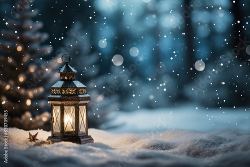 Christmas lantern glowing at night closeup  blur snowy forest landscape