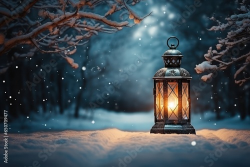 Christmas lantern glowing at night closeup, blur snowy forest landscape