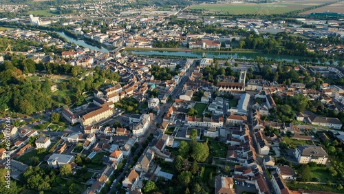 Aerial around the city Chateau-Thierry in France on a sunny day