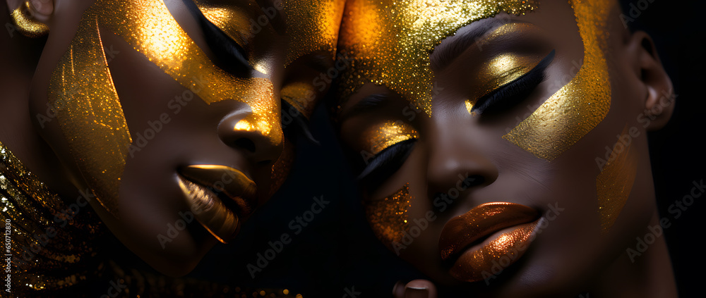 Beautiful African black fashionable women with the golden makeup isolated on dark sperkling background Beautiful African black fashionable women with the golden makeup isolated on dark sperkling background