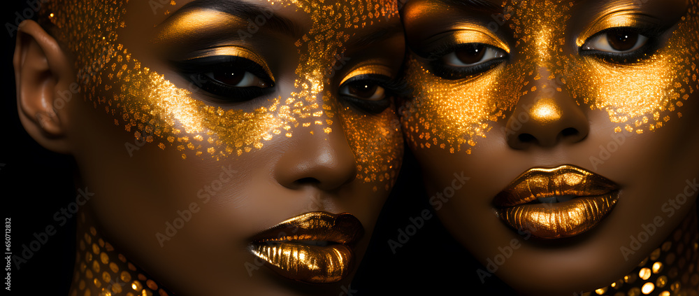 Beautiful African black fashionable  women with the golden makeup isolated on dark sperkling background - obrazy, fototapety, plakaty 