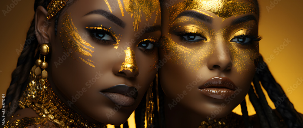 Beautiful African black fashionable women with the golden makeup isolated on dark sperkling background Beautiful African black fashionable women with the golden makeup isolated on dark sperkling background