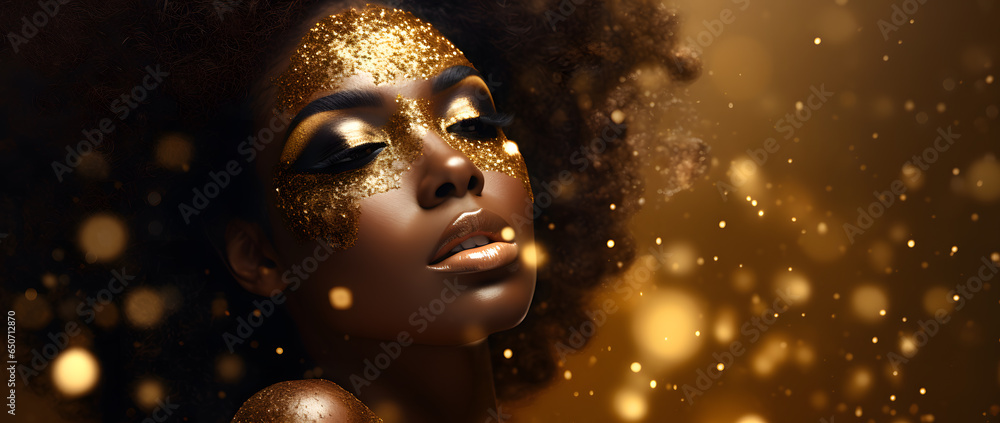 Beautiful African black fashionable woman with the golden makeup isolated on dark sperkling background