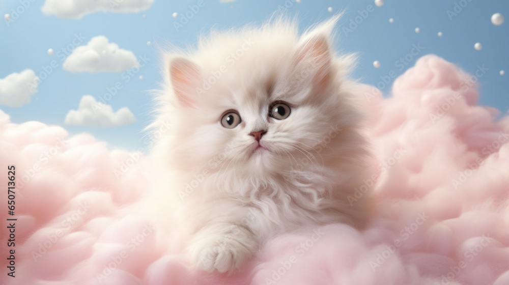 An adorable white kitten sits in fluffy clouds of delicate pastel color. Cute greeting card in retro style. An adorable white kitten sits in fluffy clouds of delicate pastel color. Cute greeting card in retro style.