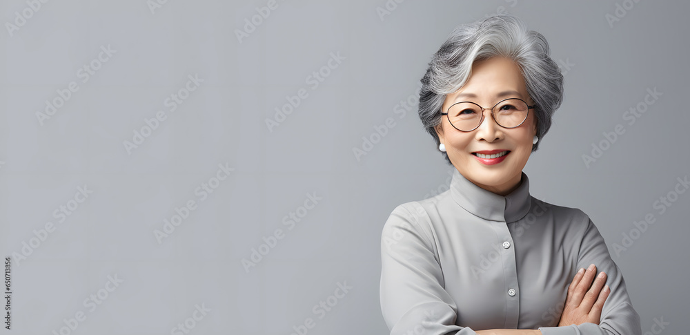 Asian elderly woman in  white blouse isolated on light grey background - obrazy, fototapety, plakaty 