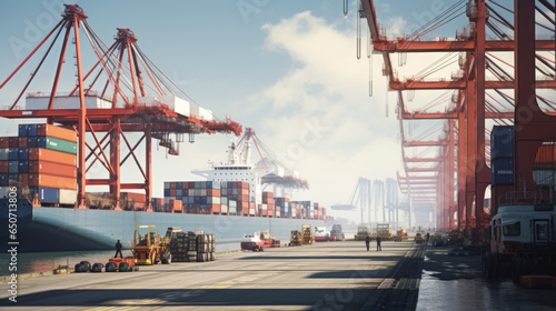 A busy shipping port with cranes unloading containers from cargo ships without humans