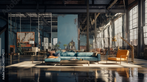 Art Deco Industrial Loft: Blending Art Deco elegance with industrial elements, featuring mirrored surfaces, geometric patterns, and metal accents