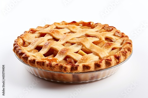 Homemade apple pie on a clean white background, highlighting its mouthwatering appearance and tempting golden crust. Generative AI