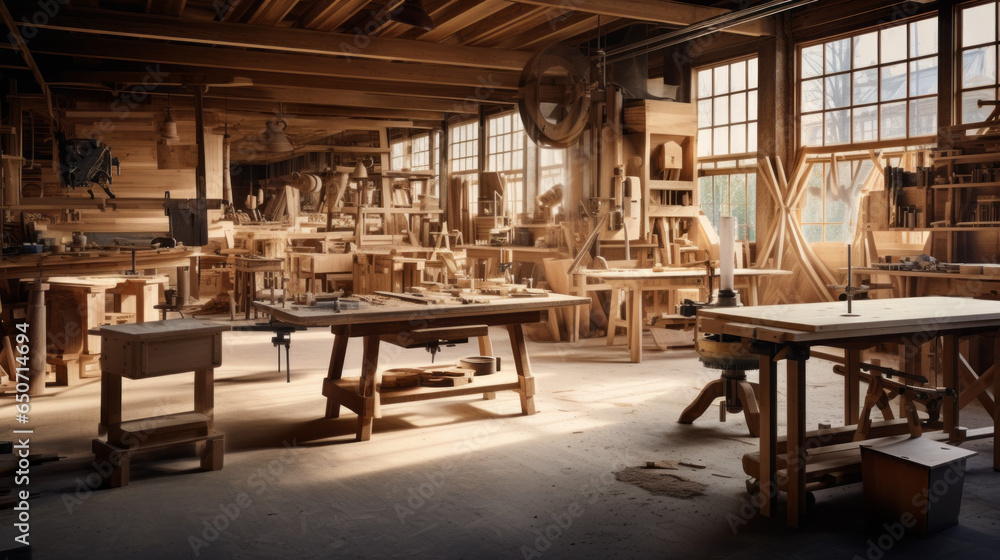 Artisanal Woodworking Workshop: A creative space adorned with handcrafted wooden furniture, an array of woodworking tools, and artisanal textiles, perfect for crafting Artisanal Woodworking Workshop: A creative space adorned with handcrafted wooden furniture, an array of woodworking tools, and artisanal textiles, perfect for crafting
