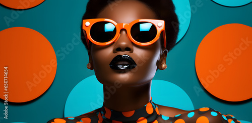 Fashionable glamour African black woman in sunglasses portrait isolated on blue and orange background