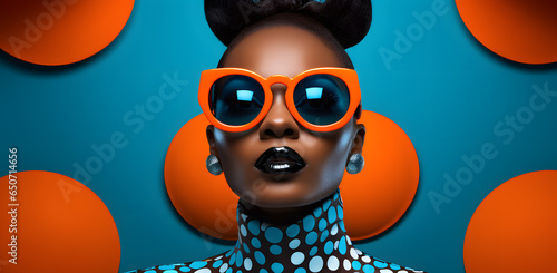 Fashionable glamour African black woman in sunglasses portrait isolated on blue and orange background