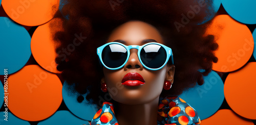Fashionable glamour African black woman in sunglasses portrait isolated on blue and orange background