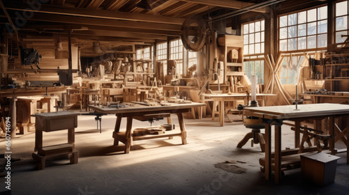 Artisanal Woodworking Workshop: A creative space adorned with handcrafted wooden furniture, an array of woodworking tools, and artisanal textiles, perfect for crafting 